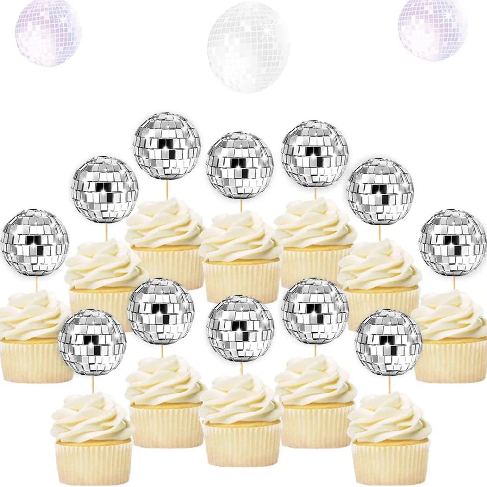 12pcs Mirror Ball Cake Decoration Disco 70\'s 80 Retro Dance Disco Silver Golden Cake Topper Cupcake Birthday Party Club Supplies