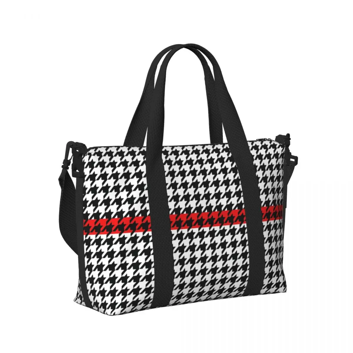 Personalizado moderno houndstooth com listra vermelha sacola de compras de mercearia feminina grande capacidade dogstooth ginásio praia sacos de viagem