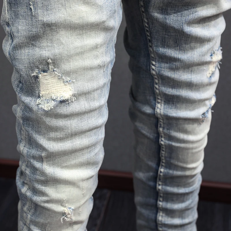 Street Fashion Men Jeans Retro Light Blue Plain Washed Elastic Slim Fit Ripped Jeans Men Patched Designer Vintage Pants Hombre
