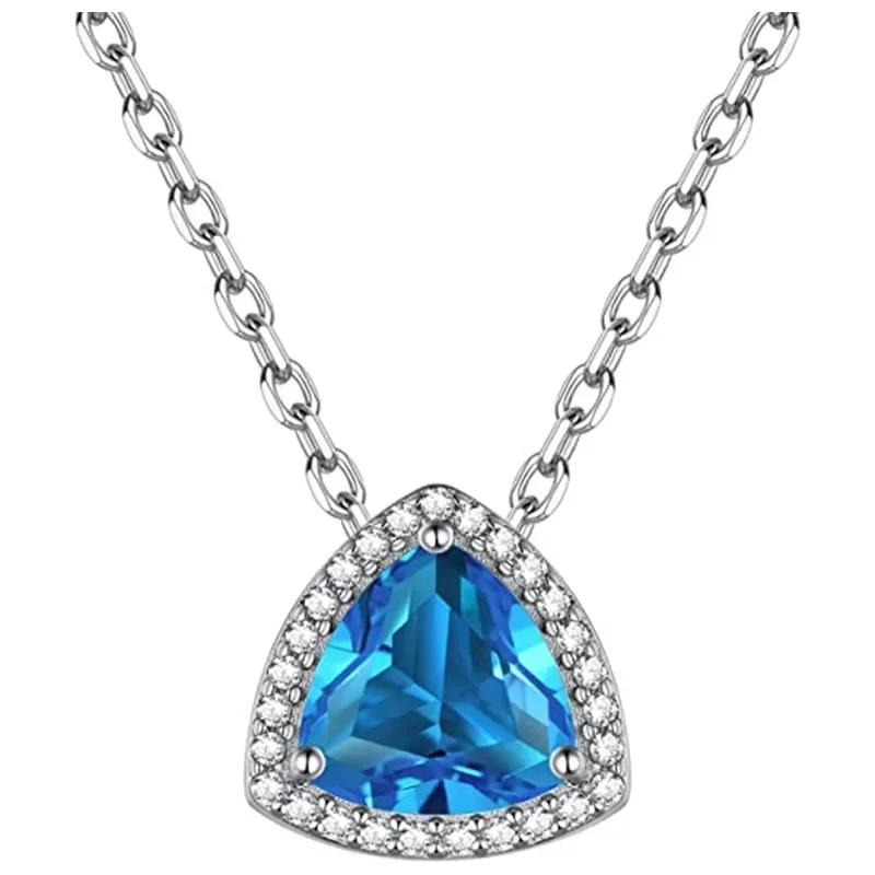 New Triangular See Blue CZ Pendant Necklace for Women  2024 Exquisite Bridal Wedding Neck Accessory Gift Statement Jewelry