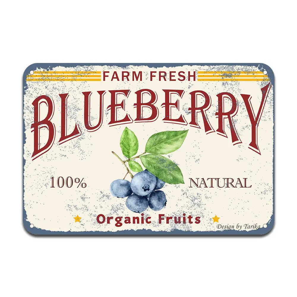 Farm Fresh Blueberry 100% Nature Organic Fruit Iron Poster Painting Tin Sign Vintage Wall Decor for Cafe Bar Pub Home Beer Decor