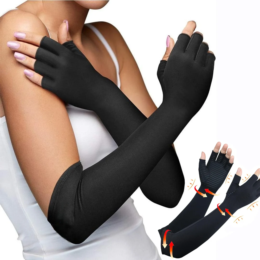 

1 Pair Medical Arm & Hand Compression Long Arthritis Pain Relief Gloves Copper Infused Orthopedic Fingerless Brace for Women Men