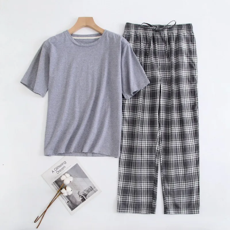 2024 sommer Männer Casual Pyjama Sets Männlichen 100% Baumwolle Nachtwäsche anzug Kurzarm Runde Kragen T-shirt & Plaid Hosen hause Kleidung