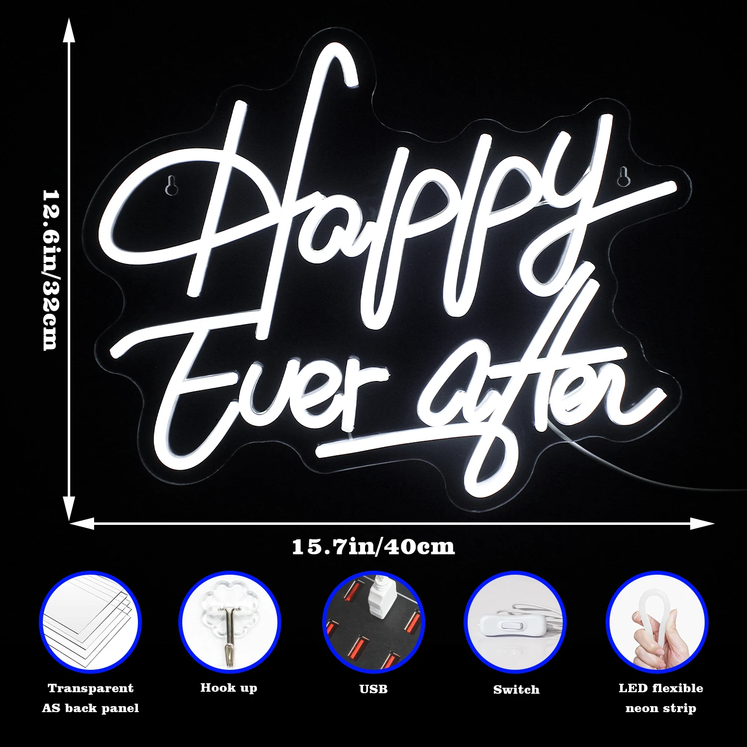 Enseigne au néon LED Happy Ever After, décoration de mariage, chambre à coucher, dimensions de la maison, fête d'âge, lettre, chambre, art, applique murale