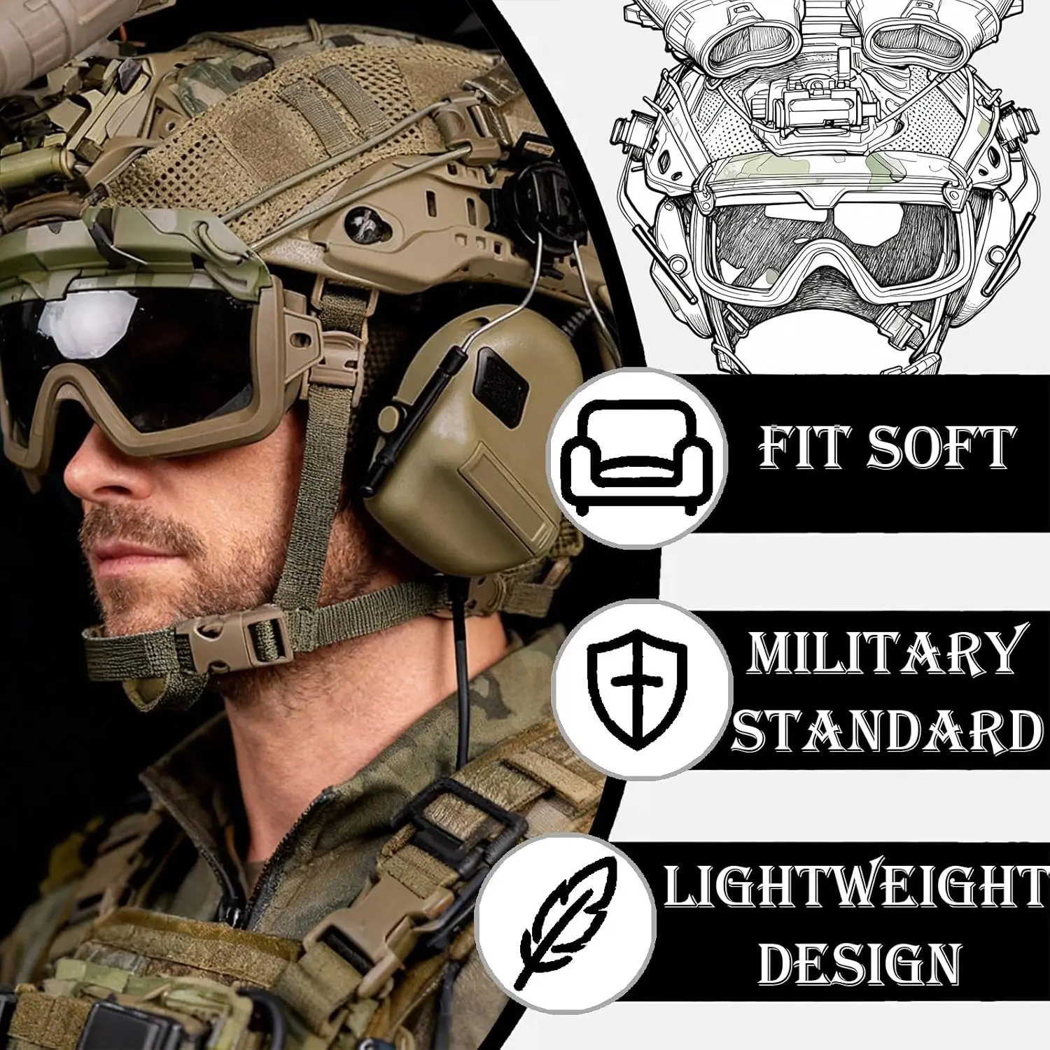 9-in-1 고속 전술 헬멧 세트 (헤드셋, 야간투시경, 신호등 포함) 야외 페인트볼 범프 헬멧 키트 (사냥, 근접전투, 에어소프트 사격용)