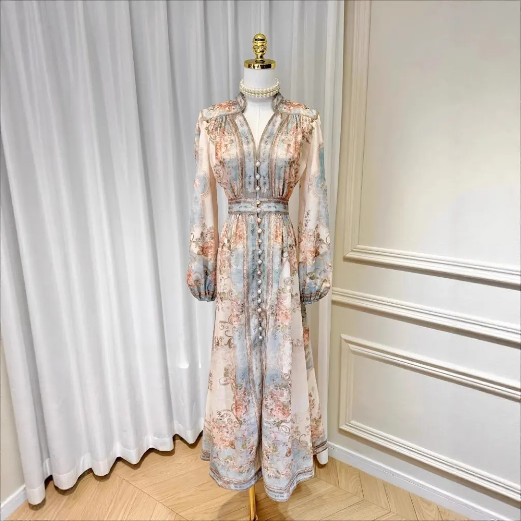 Robe jupe imprimée à manches longues pour femmes, Style européen et américain, petit col montant, coton et lin, taille bouffante