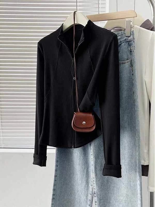 Ele 韓国 Sle ロング Sve ジッパー T-irt レディース 初秋 ファイオン スタンドカラー カーディガン トップス 通気性 快適