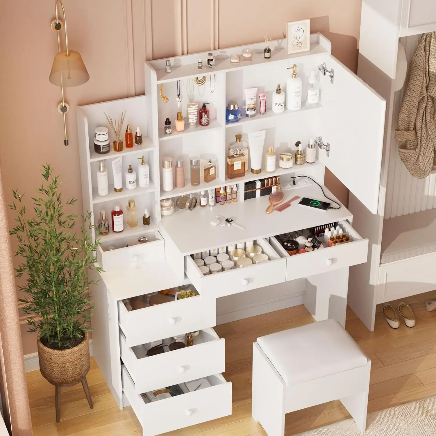 Vabches Vanity Makeup Mirror Desk with Stool, Makeup Vanity Set with 6 Drawers and Shelves, Vanity Table with Power Strip, Vanit