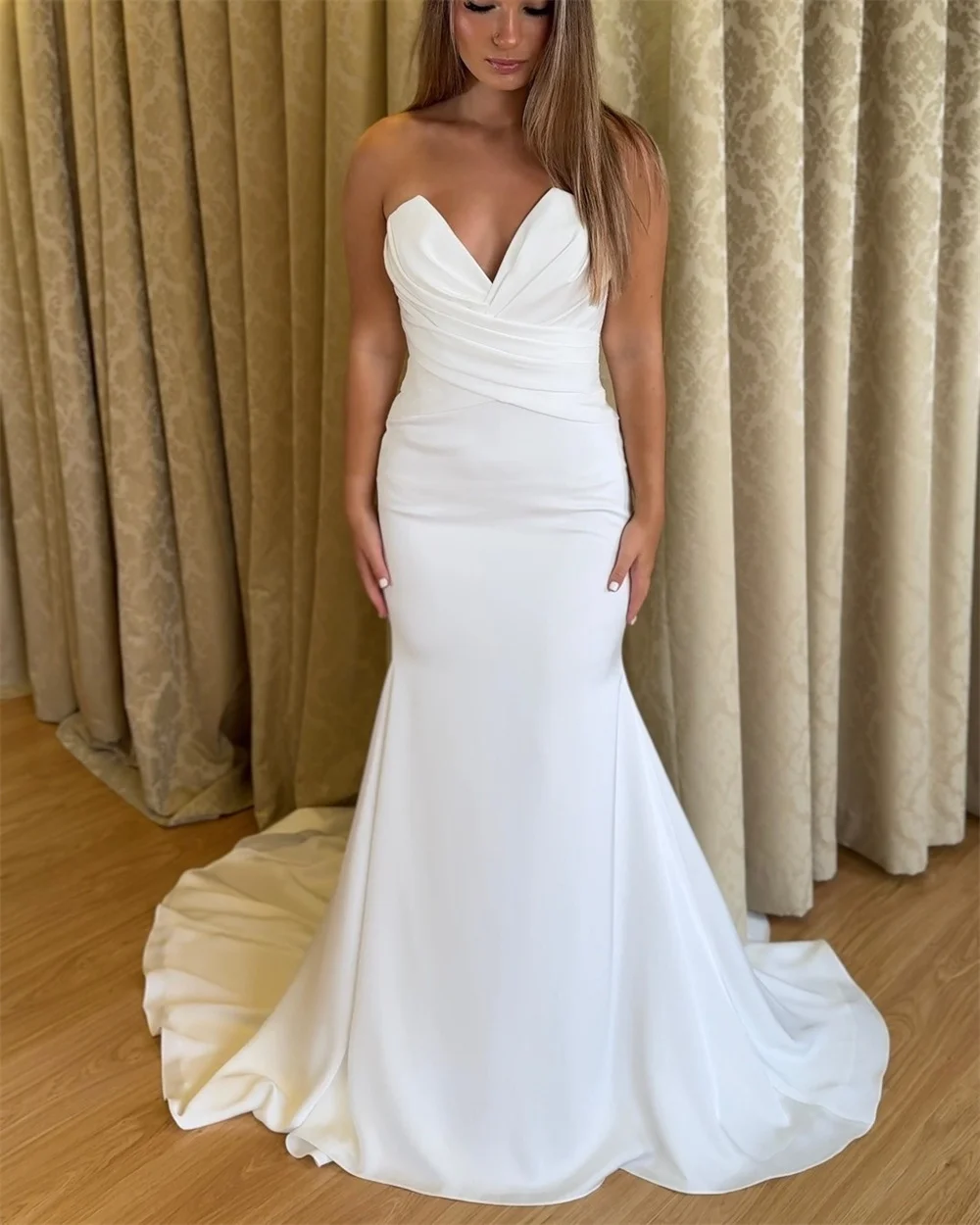 カスタマイズされたホワイトジャージー Vestido デノビアマーメイドコートトレインウェディングドレスシンプルな V ネックノースリーブボタンバックブライダルドレス