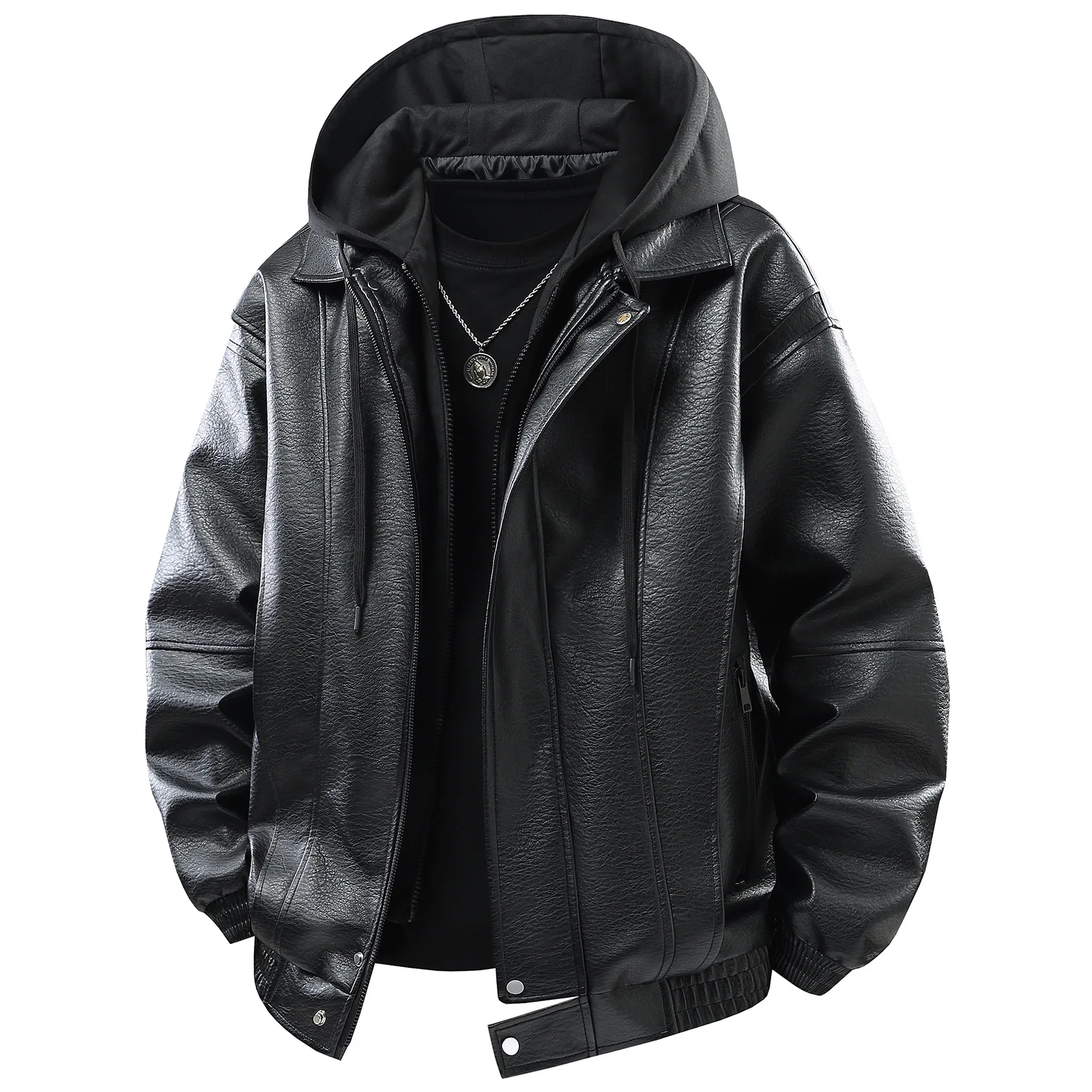 Men Faux Two‑Piece Hooded Jacket Loose Fit Zipper Windproof Outerwear Streetwear All‑Match Casual Daily Male Fashion Outer Coat