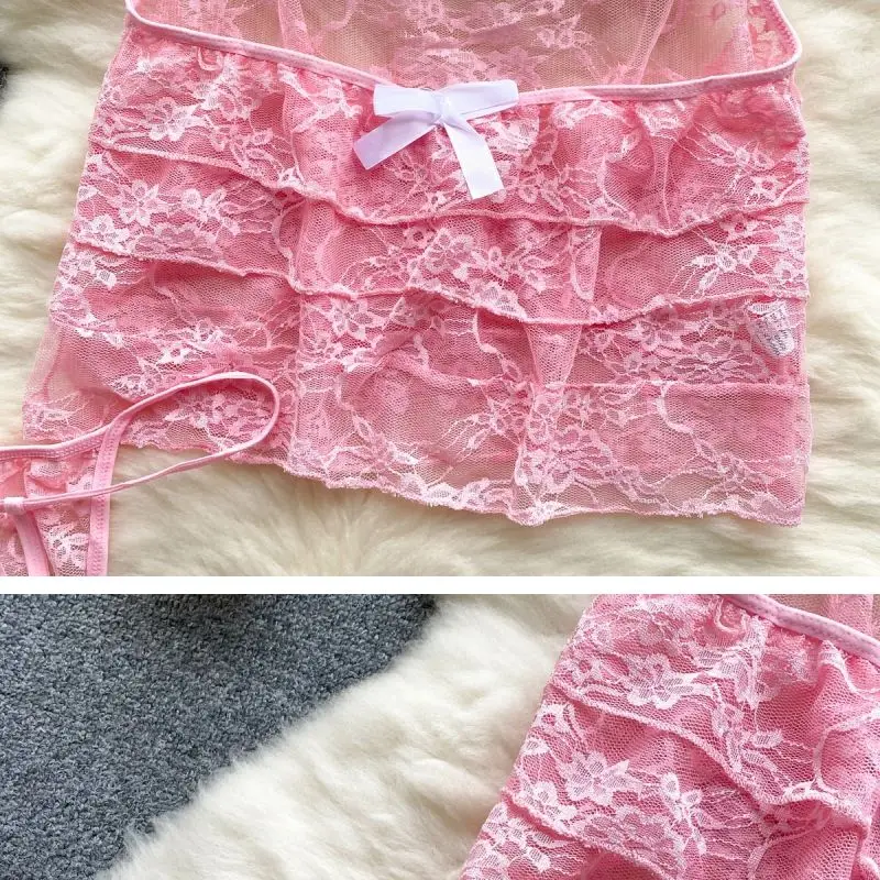 Roze Cross Strap See-through Kant Korte Jurk Backless Holle Boog Onregelmatige Hotsweet Sexy Vrouwen Pyjama Nachtkleding Nieuw in Kleding