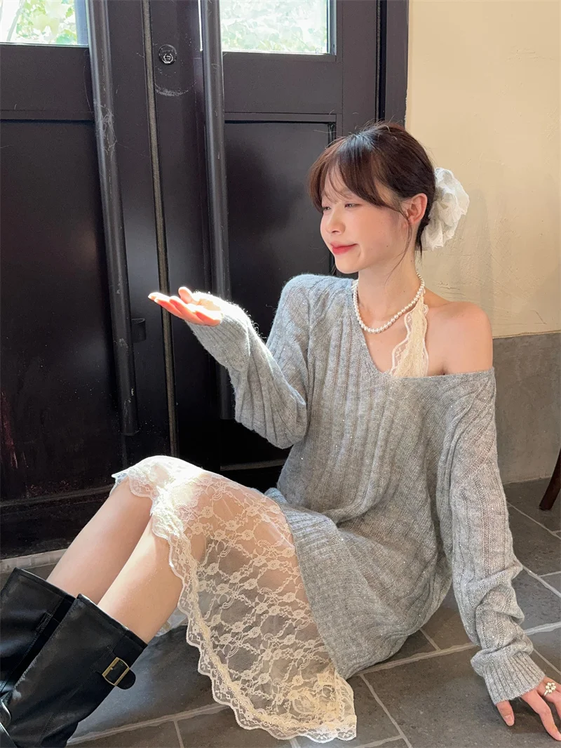 

Sweet Hot Girl Pure Sexy Suit Women's Autumn V-neck Mohair Sweater Halter Neck Lace Dress Two-piece Set Fashion Female Clothes