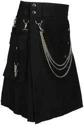 Kilt utilitario de moda negra escocesa con cadenas plateadas