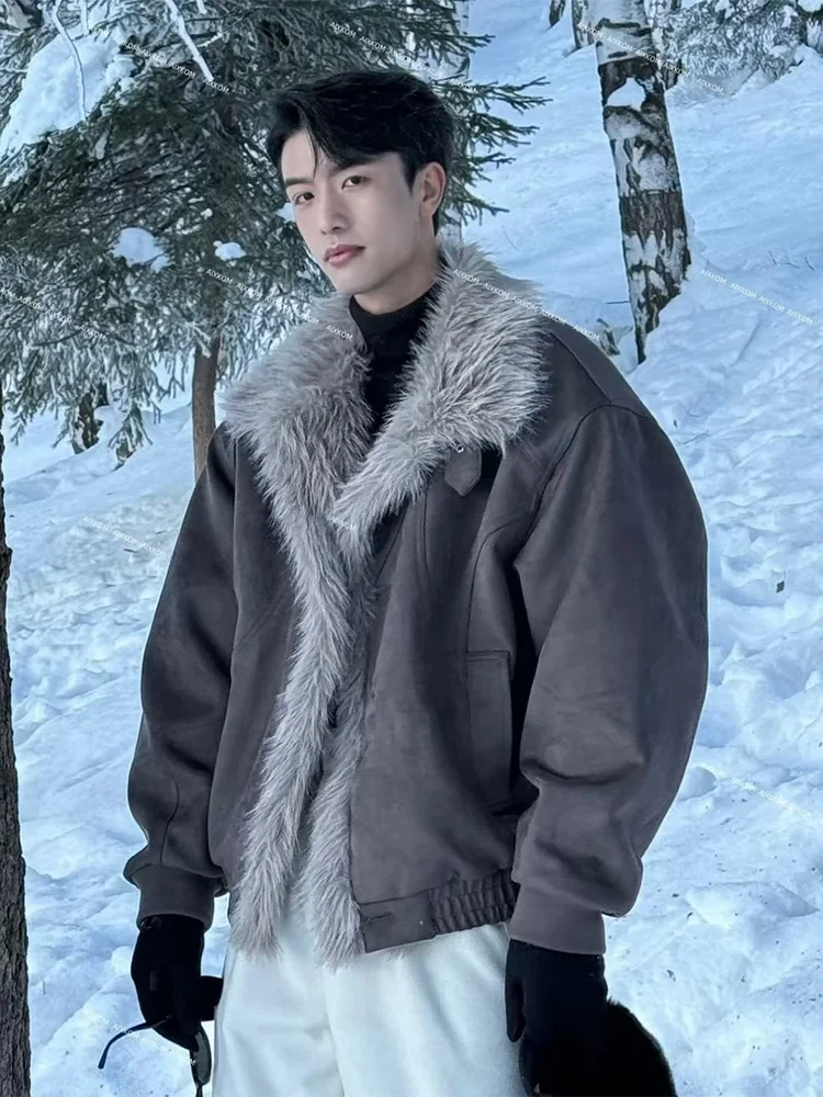 

American Retro Thiened Faux Fur Collar Men's Cotton Jaet Winter High-End Feel Leather Fur Inteated Fce Lined Jaet