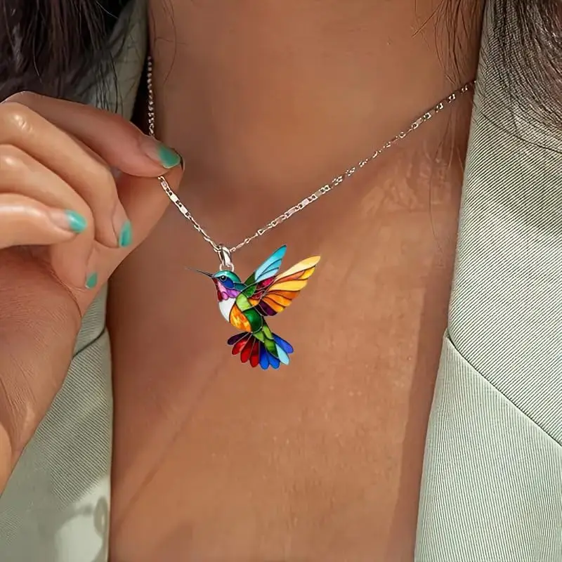 Bunte Kolibri-Vogel-Ohrring-Halsketten, 2D-Kolibri-Halskette, Vogel-Halskette für Frauen, Mädchen, Vogelliebhaber – Detail 3