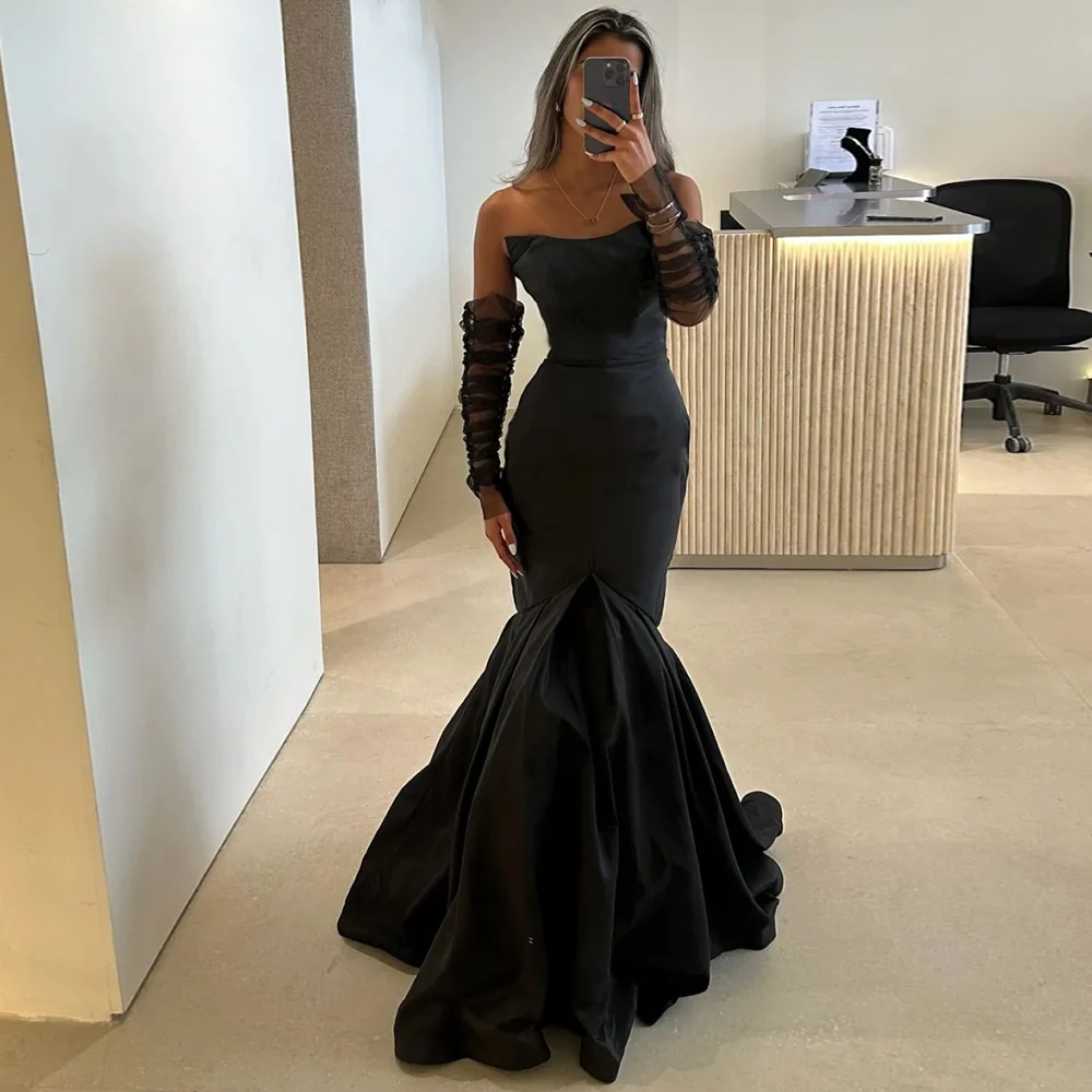 2025 Mermaid Women's Evening Ball Gowns Satin Trumpet Celebrity Dress Black Strapless Ruched Gloves Included Prom Long Dress