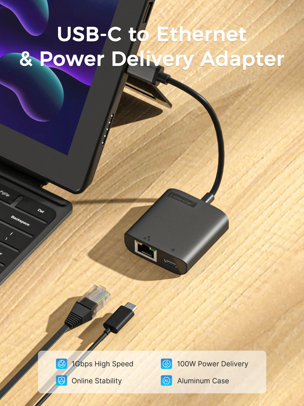 Lemorele USB-C Adapter Gigabit RJ45 z PD 3.0 passhthrough Hub USB C RJ45 Gigabit Ethernet prędkości do laptopa