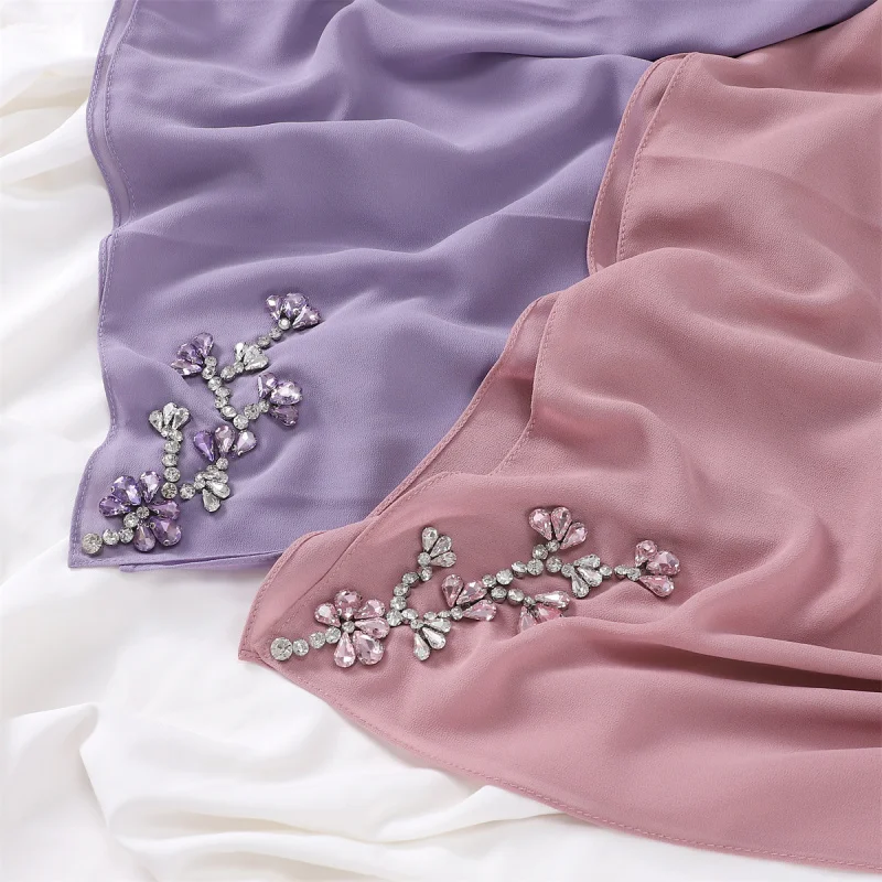 High Quality Heavy Industry Rhinestone-Encrusted Idsmay Scarf Luxury Handmade Cathetus Solid Color Pearl Chiffon Scarf