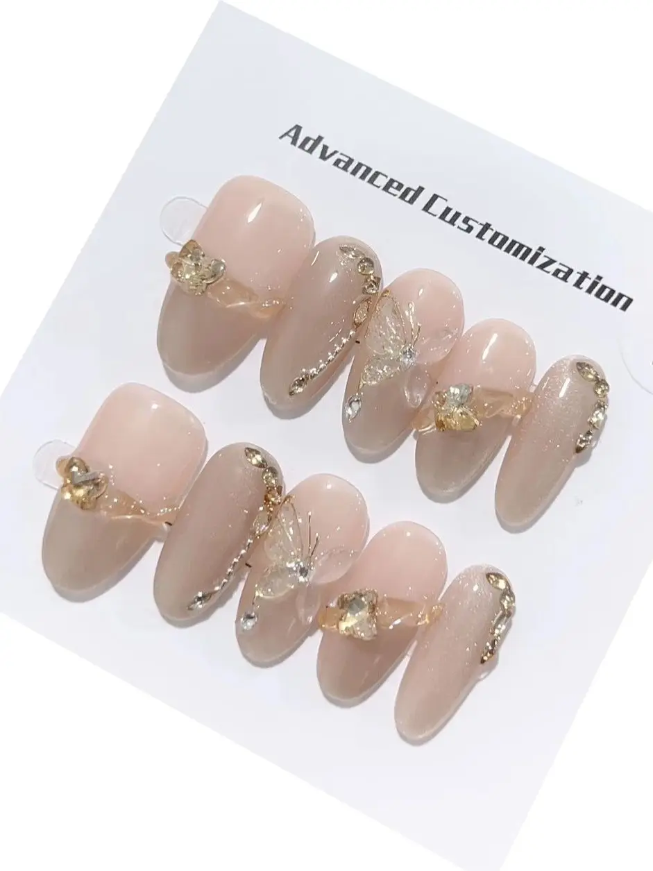 Dead Leaf Butterfly Short Oval Rhinestone Detachable Reusable High-Quality Elegant Luxurious Whitening Handmade Press On Nails.