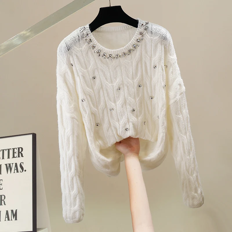 

Корейский свитер с тяжелой вышивкой и стразами, вязаный, свободного кроя, с длинными рукавами, модный, универсальный, осенне-зимний, теплый, термотоп