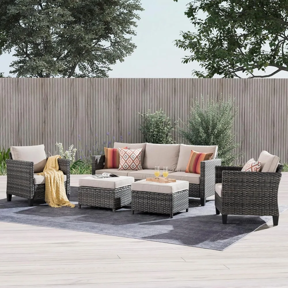 

Patio Furniture Set, 5 Pieces Outdoor Wicker Rattan Sofa Couch with Chairs, High Back Conversation Set Garden Backyard, Beige