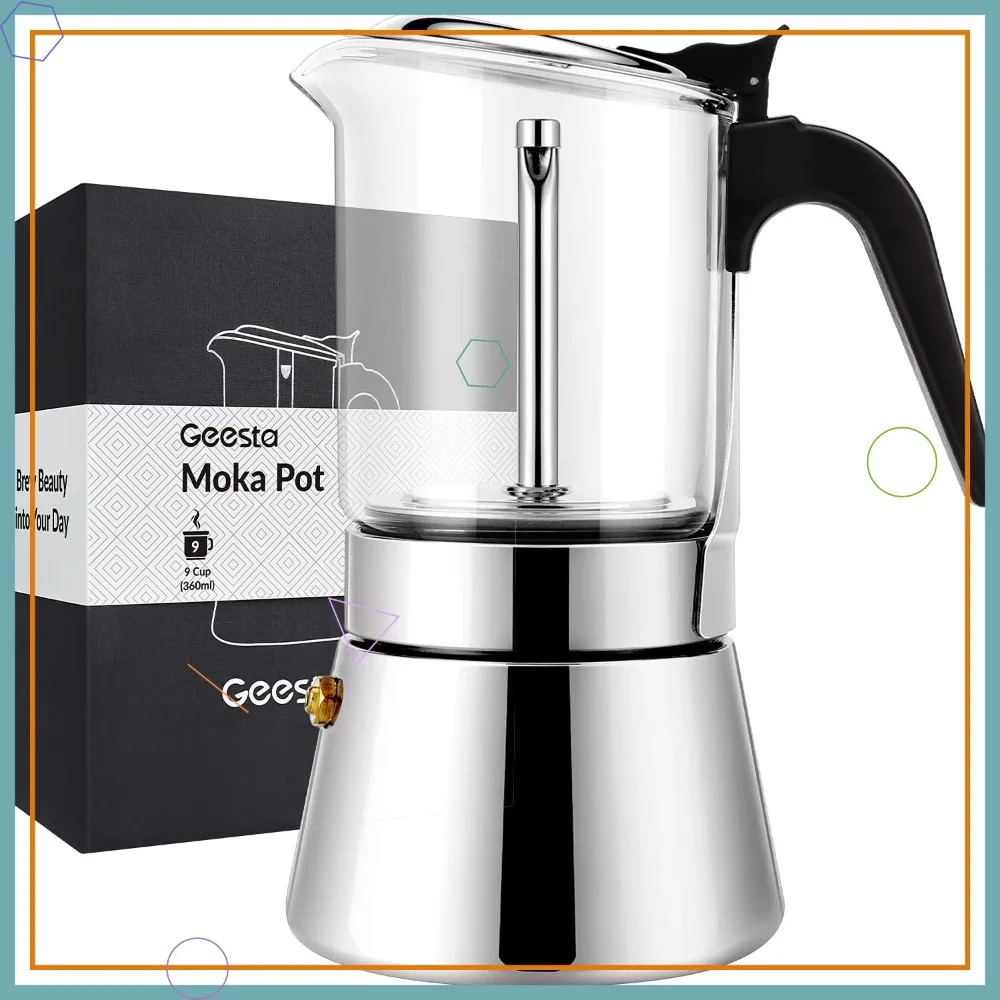 

Premium Crystal Glass-Top Stovetop Espresso Moka Pot - 4/6/9 Cups Stainless Steel Coffee Maker, 360ml/12.7oz