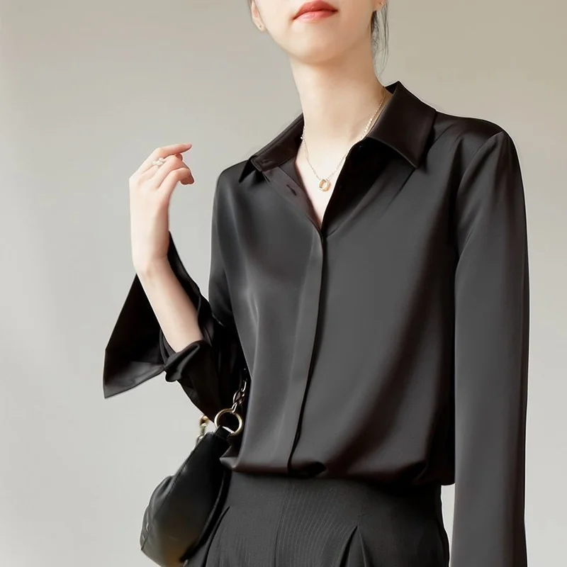 

Office Lady Black Shirt Tops Spring Autumn New Long Sleeve Polo Neck All-match Solid Color Blouse Elegant Vintage Women Clothing