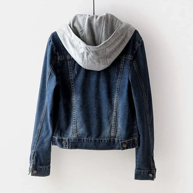 Spring Autumn Denim Jacket Women Single Breasted Patchwork Hooded Crop Coats Korean Casual Streeetwear Outerwear 2026 New