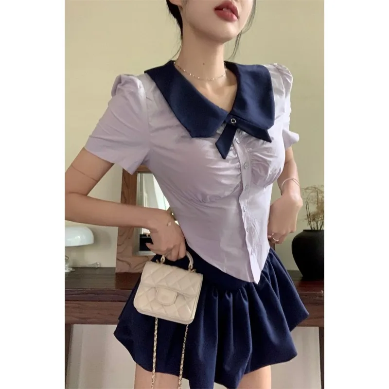 

QWEEK Y2K Vintage Preppy Short Sleeve Shirt Woman Sweet Gyaru Coquette Blouses Summer Slim Tunic Korean Fashion Aesthetic 2024