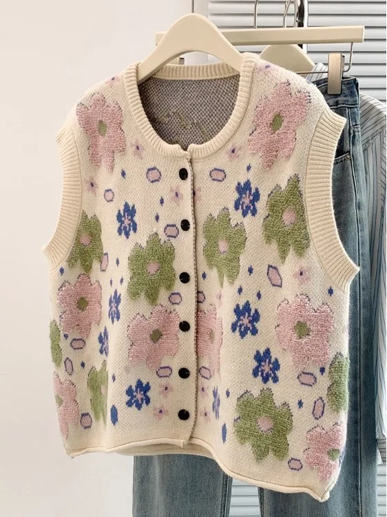 سترة نسائية كورية Sle مستديرة Ne محبوكة مفتوحة سترة نسائية ملابس خارجية تصميم مطرز بالزهور النباتية