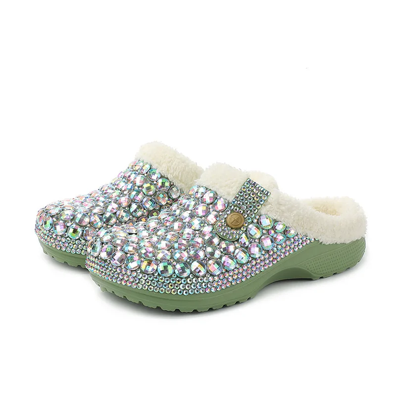 New Trendy Thick-soled Hole-hole Shoe Warm Winter Slippers Women Outdoor Slippers, Handmade Diamonds and High Quality ﻿