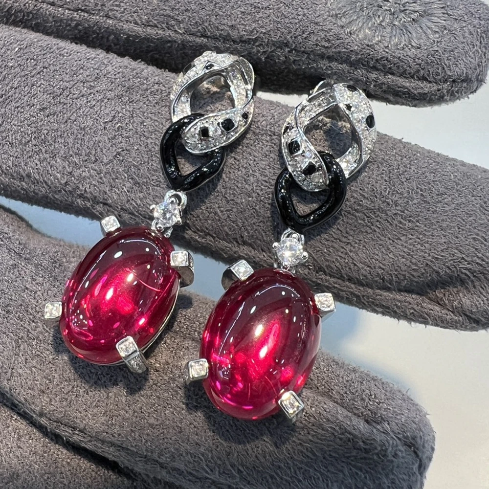 

Black Resin Spot Ruby Red Egg Stone Leopard Dangle Panther Luxury Designer 925 Sterling Silver Earrings Fine Jewelry For Women