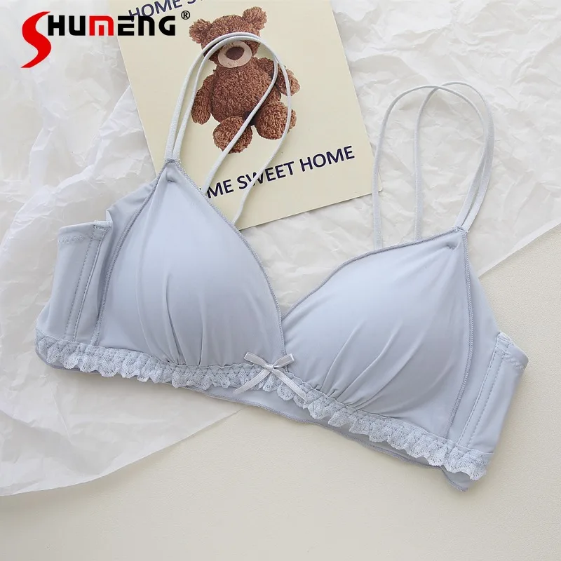 طقم حمالة صدر رافعة للصدر على الطراز الفرنسي للفتيات بأشرطة كتف مزدوجة ملابس داخلية قصيرة لاسلكية قابلة للتنفس للنساء #5