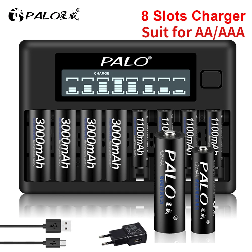 

PALO 8 Slots Charger Fast Smart LCD Display Battery Charger For 1.2V AA AAA NI-MH NI-CD Rechargerable Battery 2A 3A Charger USB