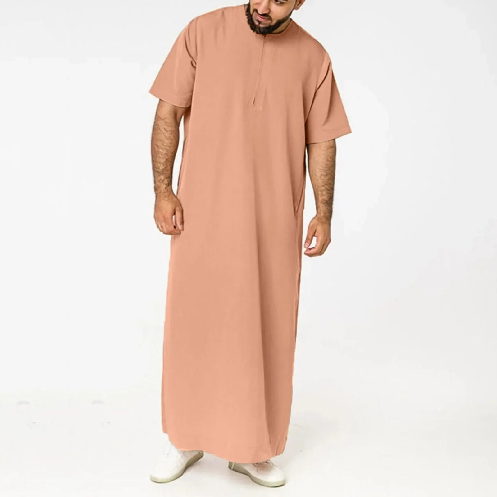 Mens Arab Muslim Long Robe Shirt Casual Loose Long Sleeves Male Pocket Kaftan Robe Cotton Linen Button Plain Robes Plus Size