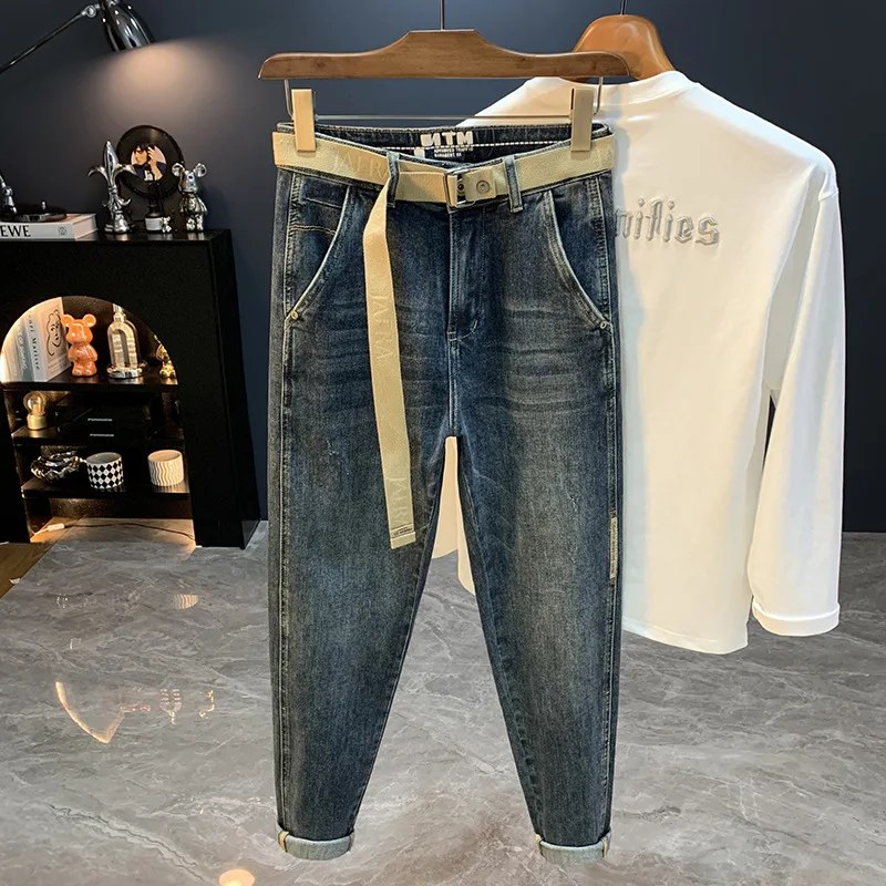 جينز جديد غير رسمي بجيب مائل لعام 2025 للرجال، سروال خريفي متعدد الاستخدامات وقصة ضيقة وتنحيف مدبب بأرجل صغيرة