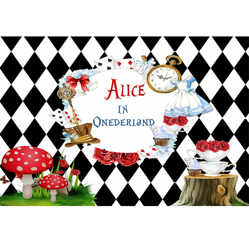 不思議の国のアリス写真の背景、誕生日パーティーの背景、写真スタジオ、デザートテーブルバナー、女の子の午後のお茶