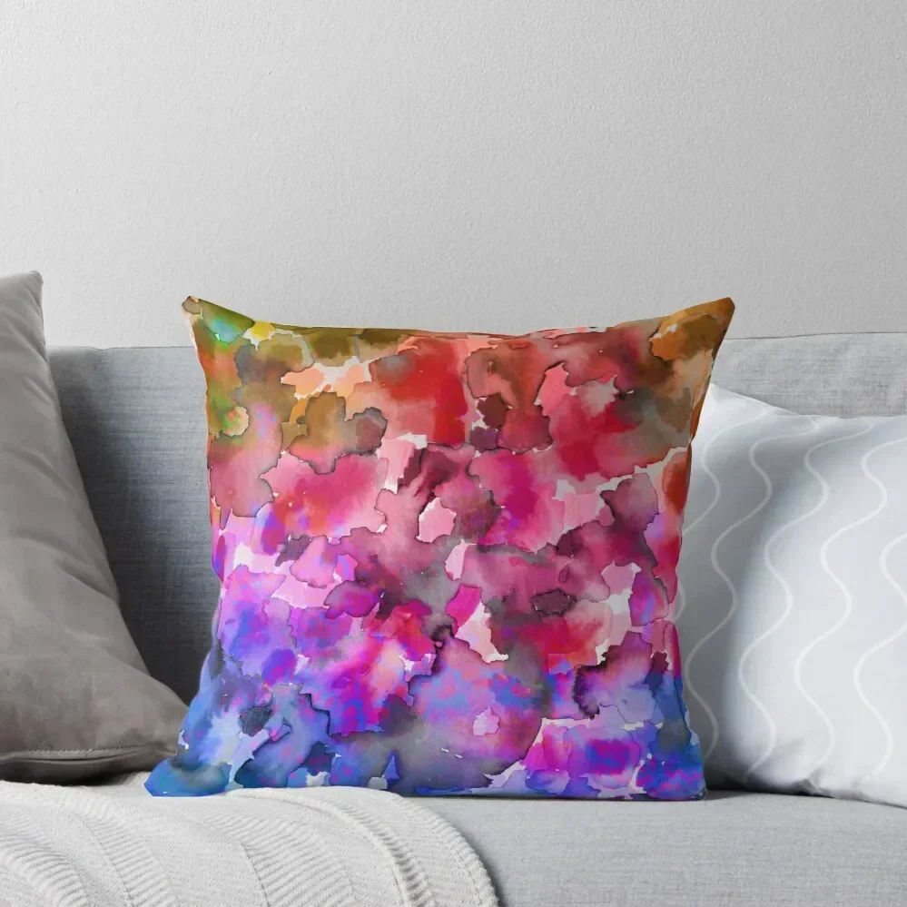 COLOR ME FLORAL 4 Whimsical Abstract Watercolor Painting Ombre Flower Pattern Pink Red Purple Blue Ochre Throw Pillow