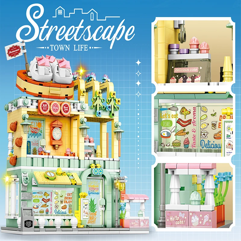 MOC Snack Street Pizza Shop Restaurant Store Building Block Set Commodity Store Modern House DIY Toys For Children Holiday Gifts