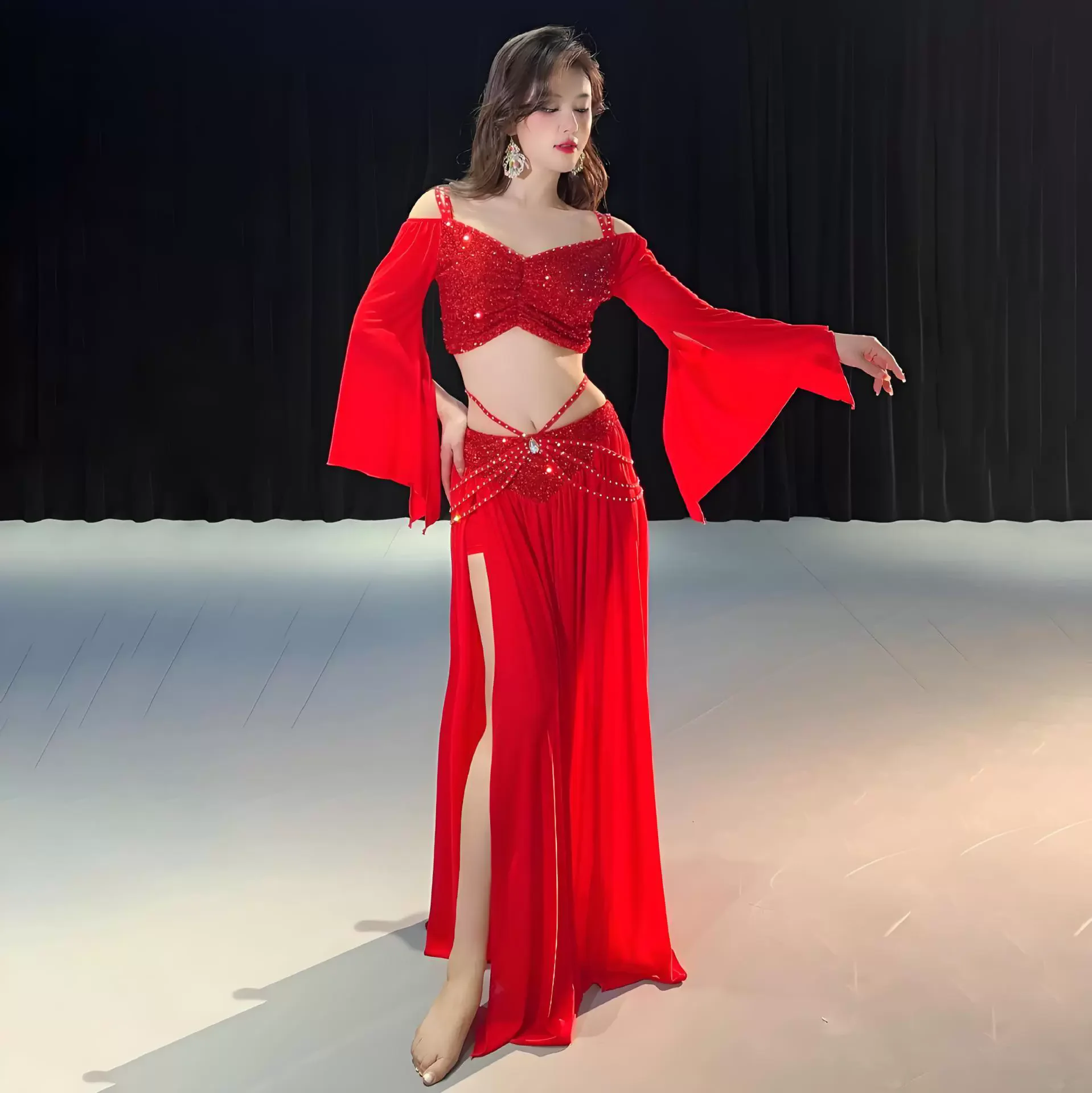 

Belly Dance Costume Set for Women Mesh Long Sleeves Top+Long Skirt 2pcs Training Set Oriental Belly Dancing Wear Outfit Hot sale