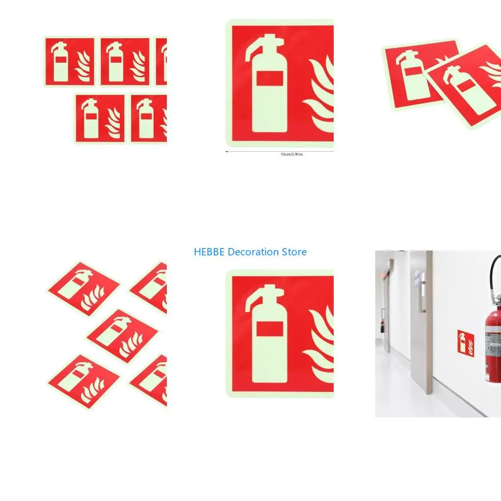 B0KC Pack of 5 Glow in Dark Extinguishers Sign Protective Sign Waterproof Sticker Label for Indoor and Outdoor