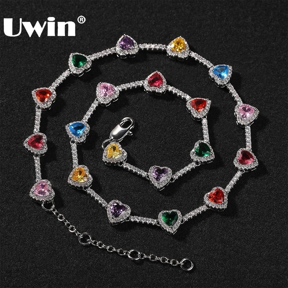 

UWIN Iced Y2K Heart Necklaces for Women Multi Gemstone Necklace Cubic Zirconia Heart Chain Fashion Chunky Jewelry