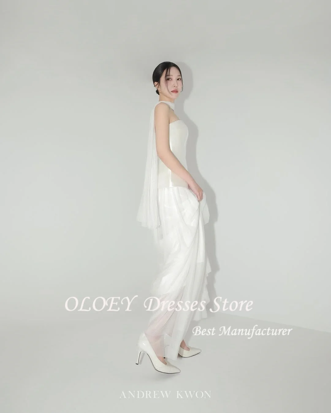 OLOEY New A Line Wedding Dresses Simple Strapless Scalf Bridal Gowns Photo shoot Korea Vestidos Customized