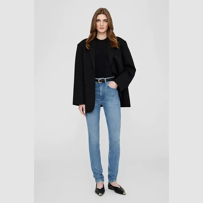 2025 Early Spring New North American Niche Mid-waist Washing Water Blue Ma Liu Elastic Women's Small Foot Jeans Trousers