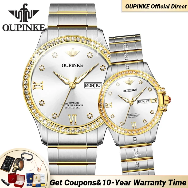 OUPINKE Couple Watches Pair for Men Women Romantic Diamond Watch Set Sapphire Mirror Male Watch Ladies Watch Set Gift