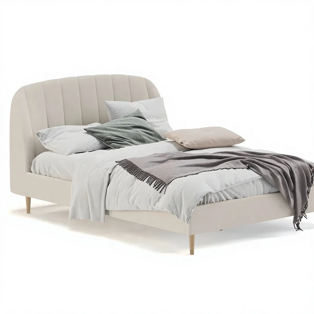 ^Modern Birch Metal Frame Soft Bed with Smooth Richly Dense Velvet Headboard