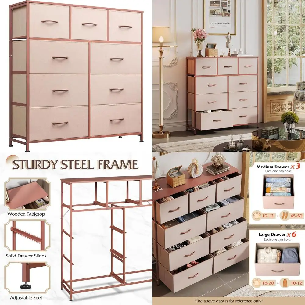 

Тканевый органайзер-стеллаж со стальным каркасом, деревянной столешницей, удобными ручками и розовыми контейнерами для спальни, прихожей, коридора и гардеробной