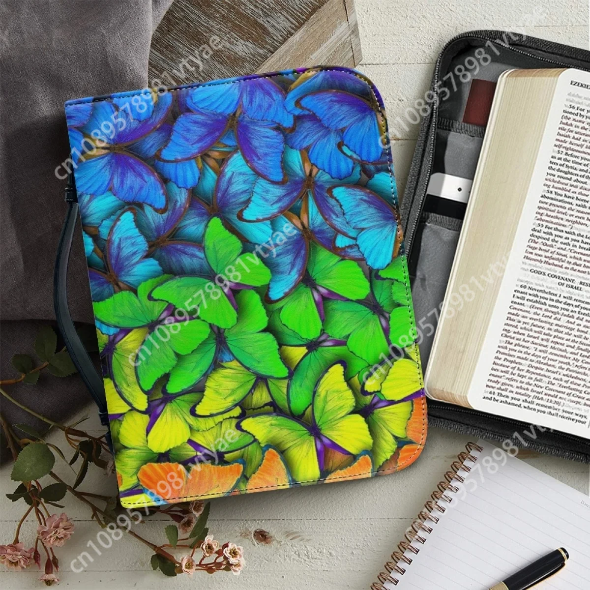 Ombre Butterfly Art Print Bible Cover Case for Women Christian Church Bible Bag Practical Bible Storage Bags Leather Handbags