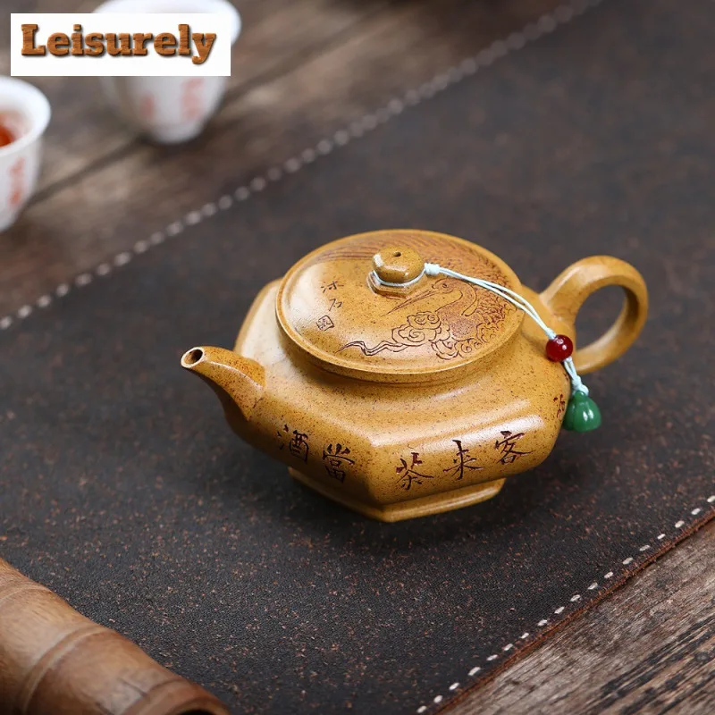

260ml Yixing Purple Clay Teapot Handmade Hexagonal Crane Pot Raw Ore The Keel Gold Sand Kettle With Strainer Zisha Tea Set Craft