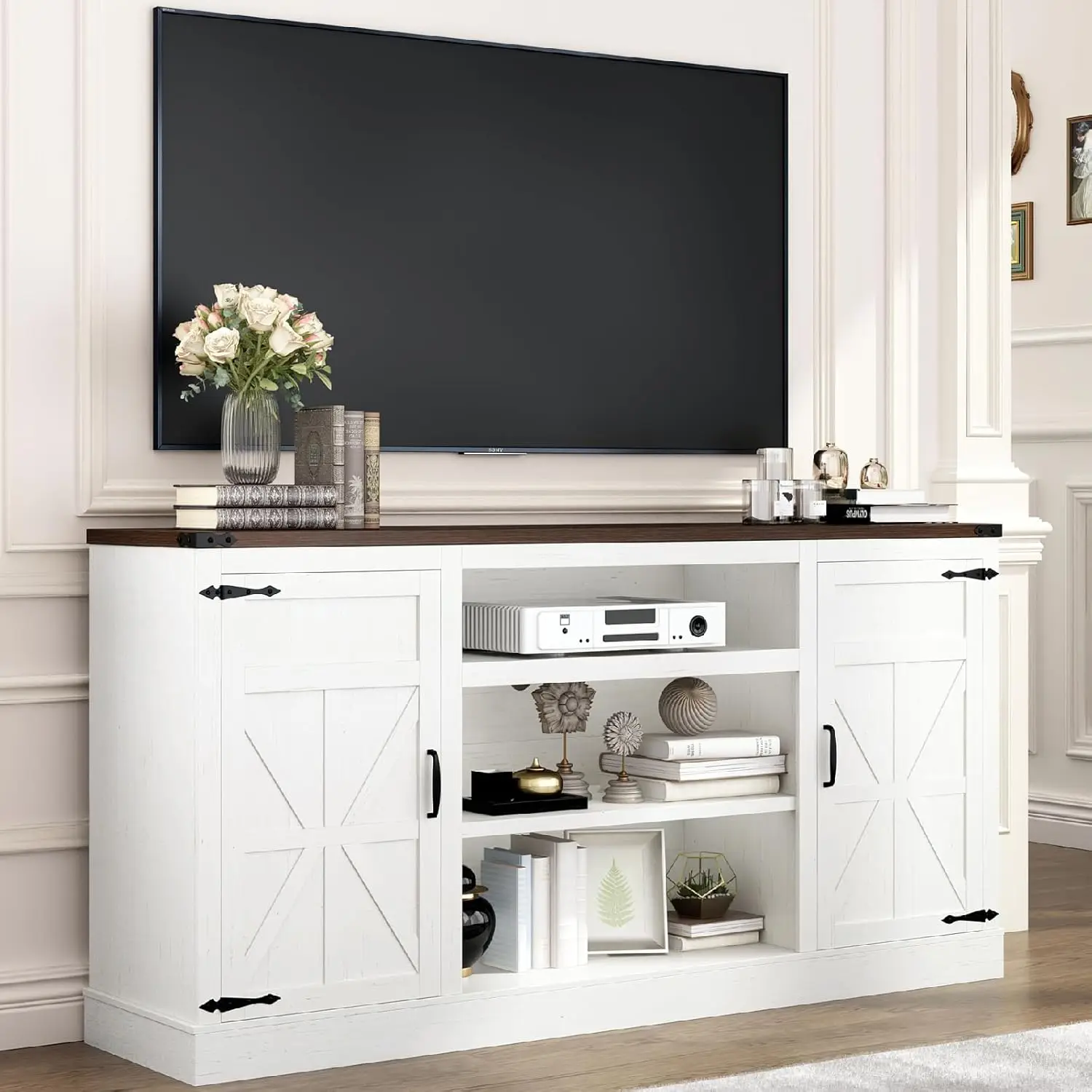 66 inch farmhouse TV stand with power outlet, capable of accommodating 75 65 inch TVs, 33 inch high entertainment center